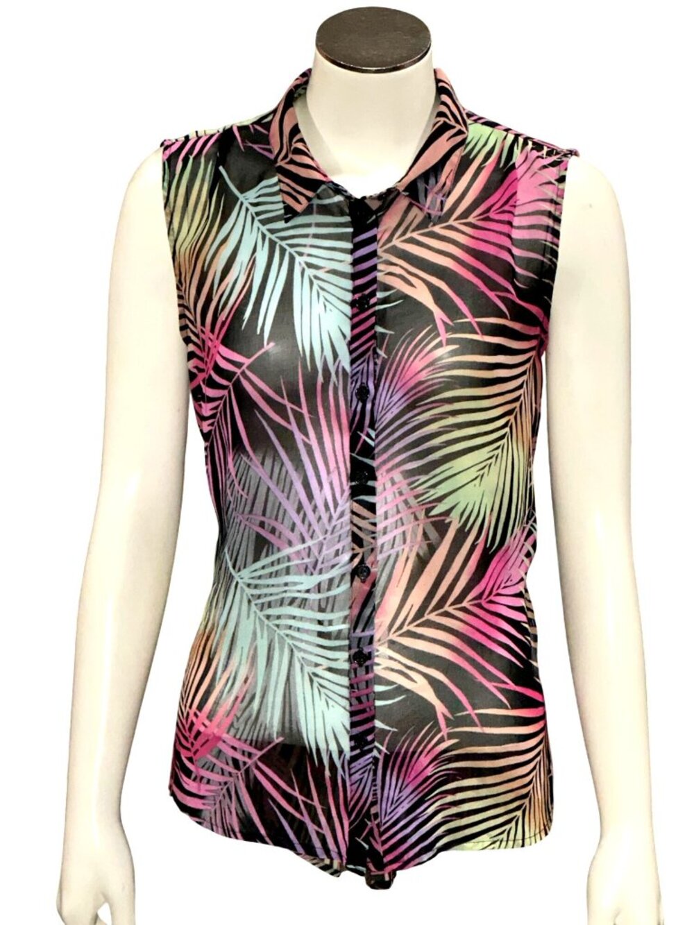 Forever 21 Size S Black Multicolor Tropical Sleeveless Blouse Resortcore Coastal - Picture 2 of 12
